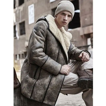 Men’s Bomber Shearling Fur Hooded Winter Long Leather Jacket Trench Coat