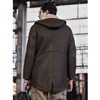 Men’s Hooded Shearling Leather Long Trench Coat