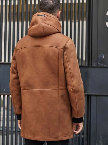 Brown Sheepskin Shearling Fur Hooded Winter Overcoat Leather Jacket