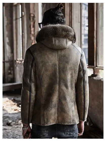 Men’s Hooded Shearling Collar Leather Bomber Jacket