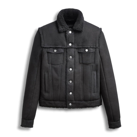 Men’s Black Suede Shearling Leather Bomber Jacket