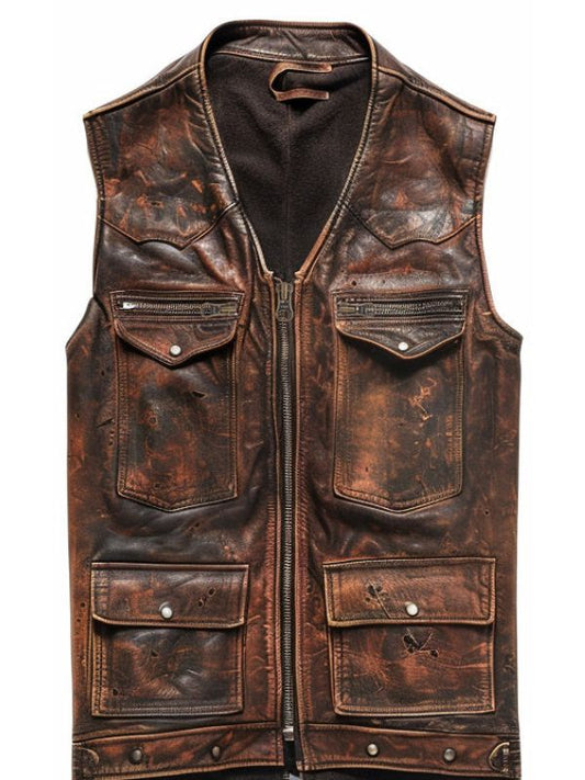 Vintage Strap Pockets Leather Distressed Vest