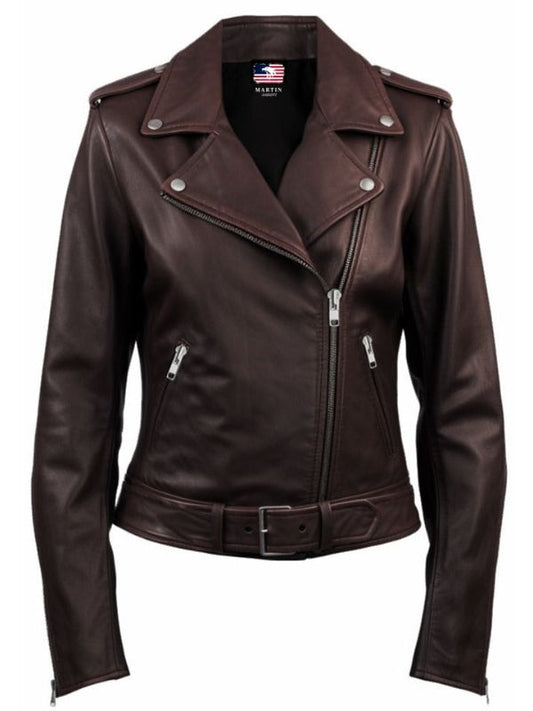 Women Biker Leather Jacket Dark Brown