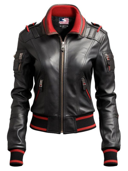 Women Black Bomber Leather Jacket