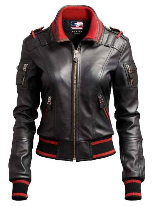 Women Black Bomber Leather Jacket