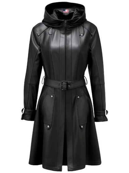 Women Black Leather Coat - Hooded Leather Coat