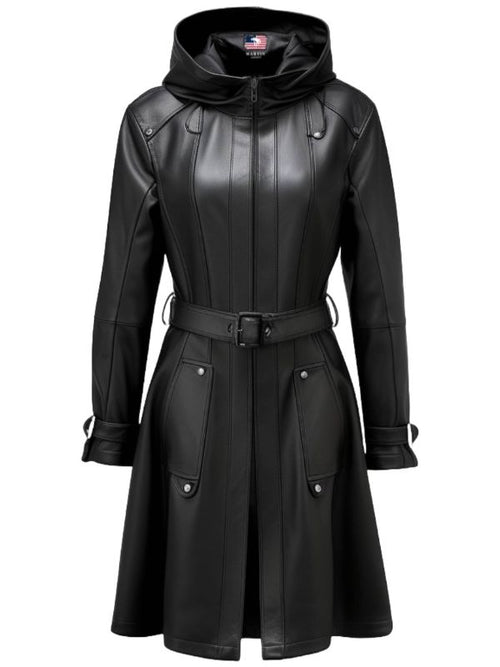 Women Black Leather Coat - Hooded Leather Coat