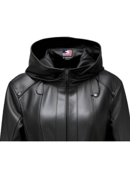 Women Black Leather Coat - Hooded Leather Coat