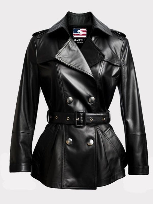 Women Black Leather Winter Coat Belted Style