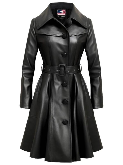 Women Black Real Long Leather Coat