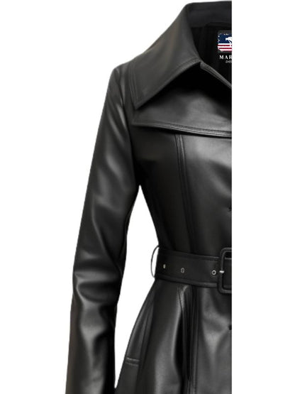 Women Black Real Long Leather Coat
