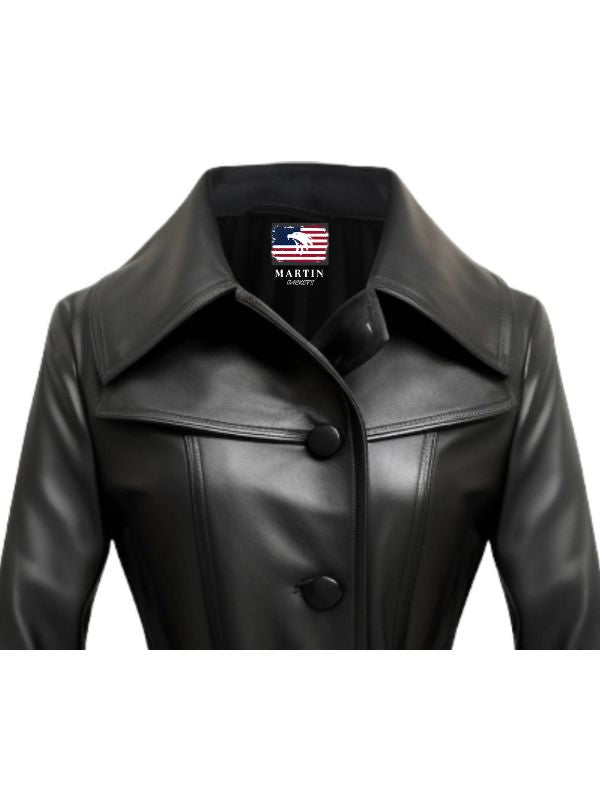 Women Black Real Long Leather Coat