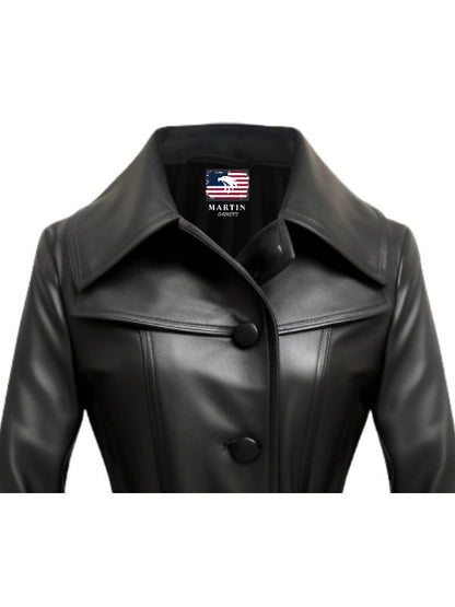 Women Black Real Long Leather Coat