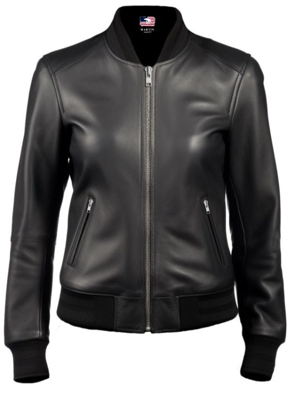 Women Bomber Leather Jacket- Black Leather Jacket for Women