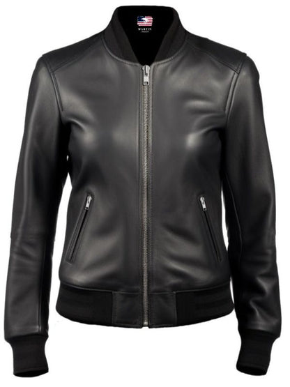Women Bomber Leather Jacket- Black Leather Jacket for Women