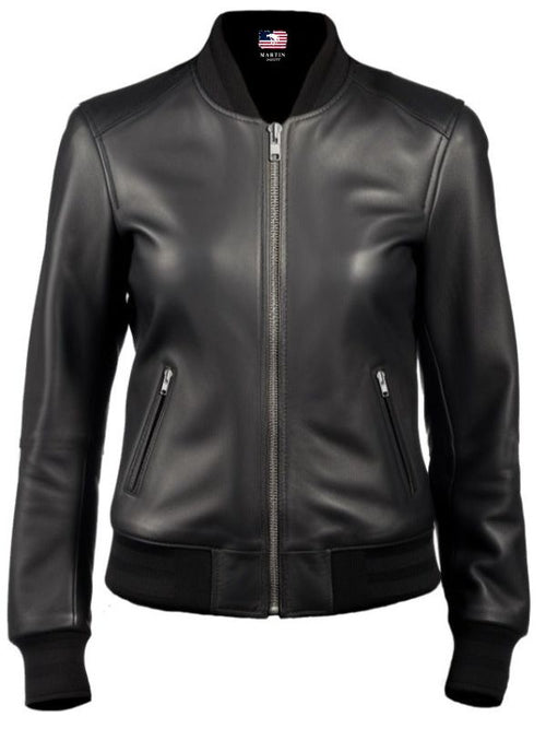 Women Bomber Leather Jacket- Black Leather Jacket for Women