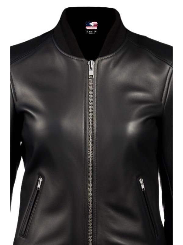Women Bomber Leather Jacket- Black Leather Jacket for Women