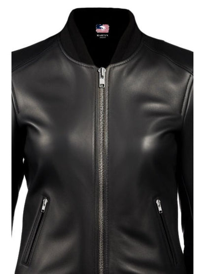Women Bomber Leather Jacket- Black Leather Jacket for Women