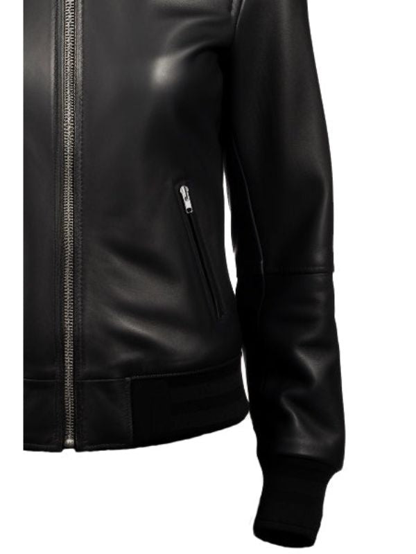 Women Bomber Leather Jacket- Black Leather Jacket for Women