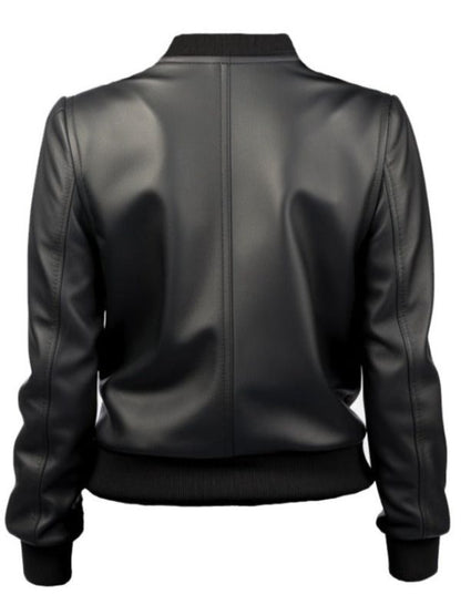 Women Bomber Leather Jacket- Black Leather Jacket for Women