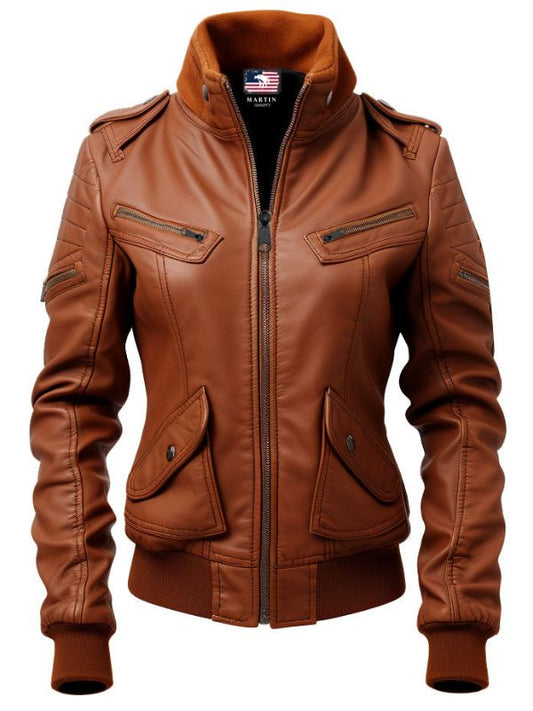 Women Leather Jacket Tan Bomber Style