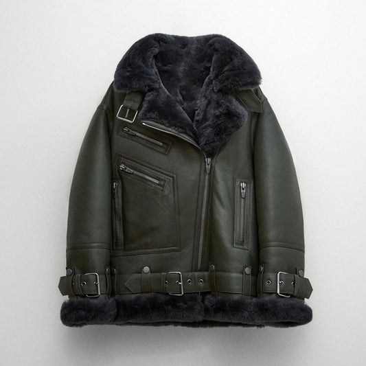 Women’s Green RAF Aviator Styled Shearling Leather Jacket