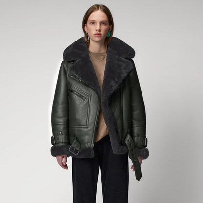 Women’s Green RAF Aviator Styled Shearling Leather Jacket