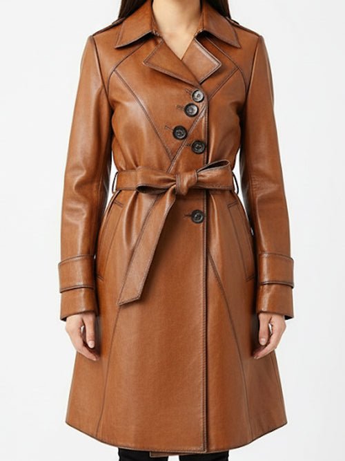 Women Stylish Italian Brown Leather Winter Coat