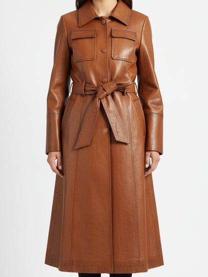 Women Stylish Italian Brown Waxed Leather Coat