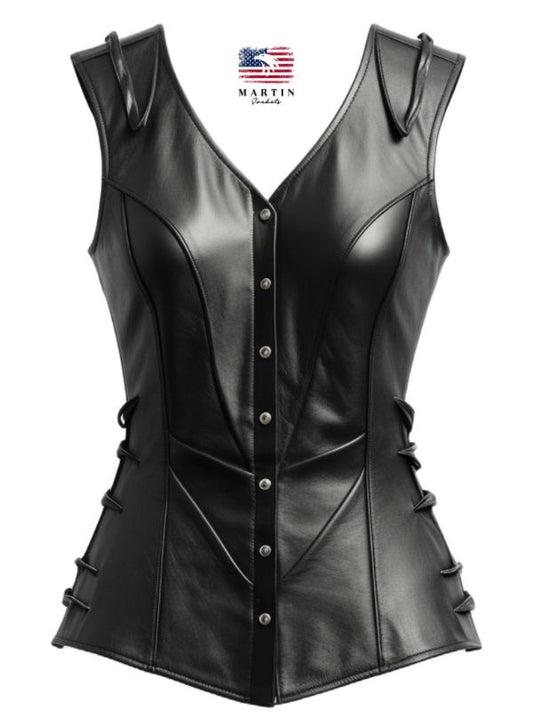 Women Vintage Black Leather Vest
