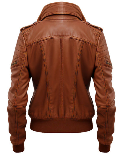 Women Leather Jacket Tan Bomber Style
