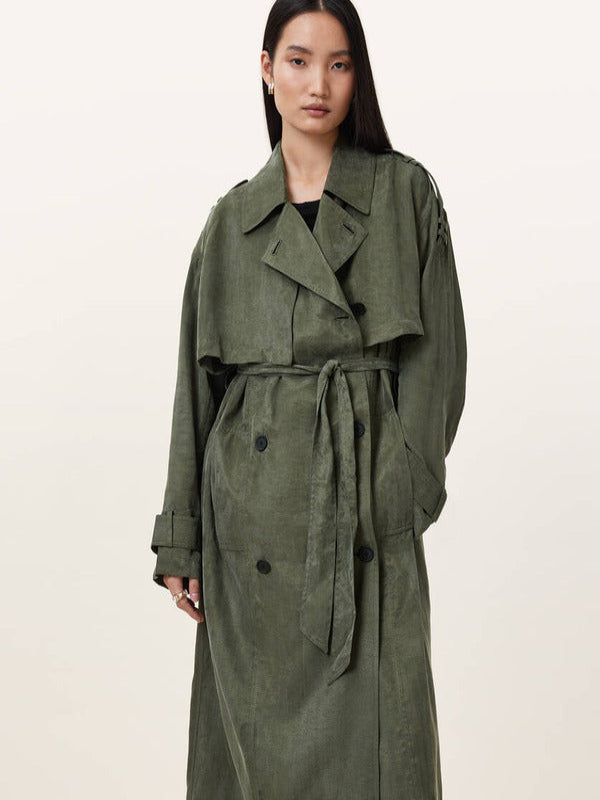 Shifting Gears 2025 Jenna Elfman Green Belted Trench Coat